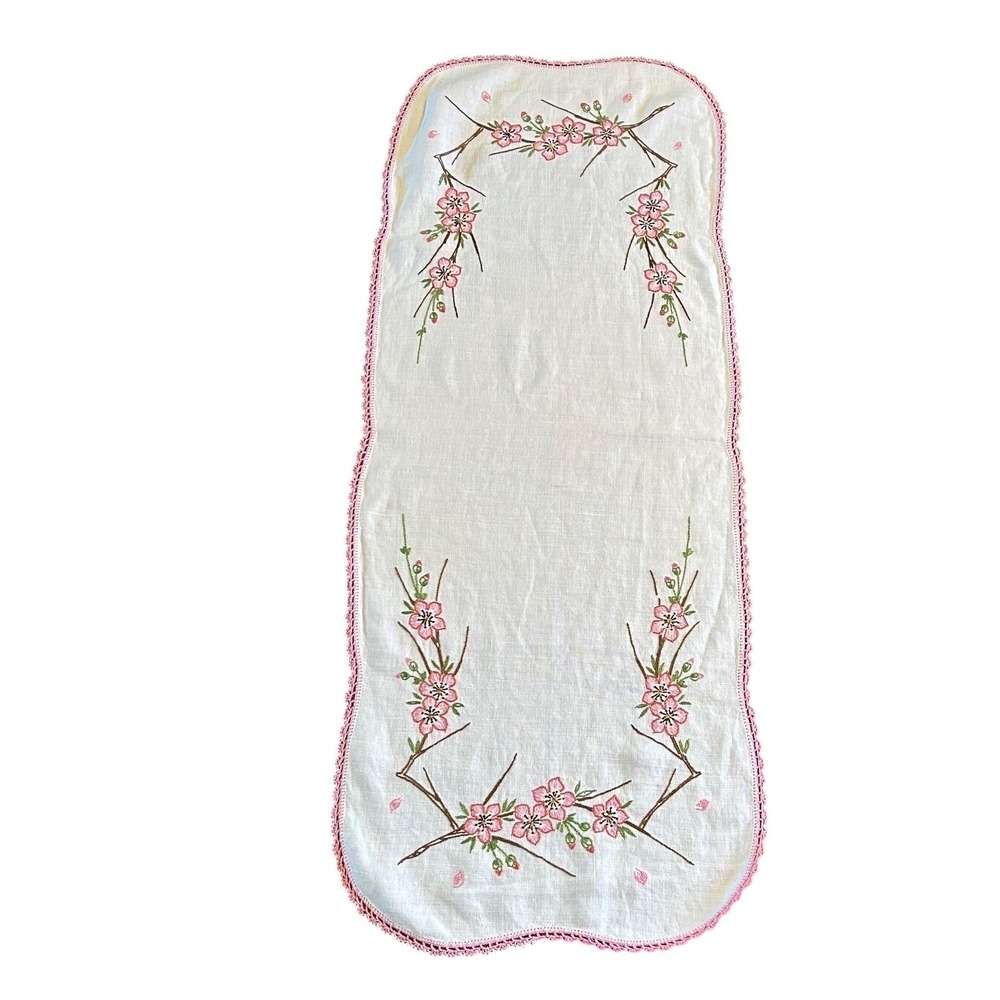 Vintage Embroidered Pink Cherry Blossoms Linen Table Runner Cottagecore Coquette